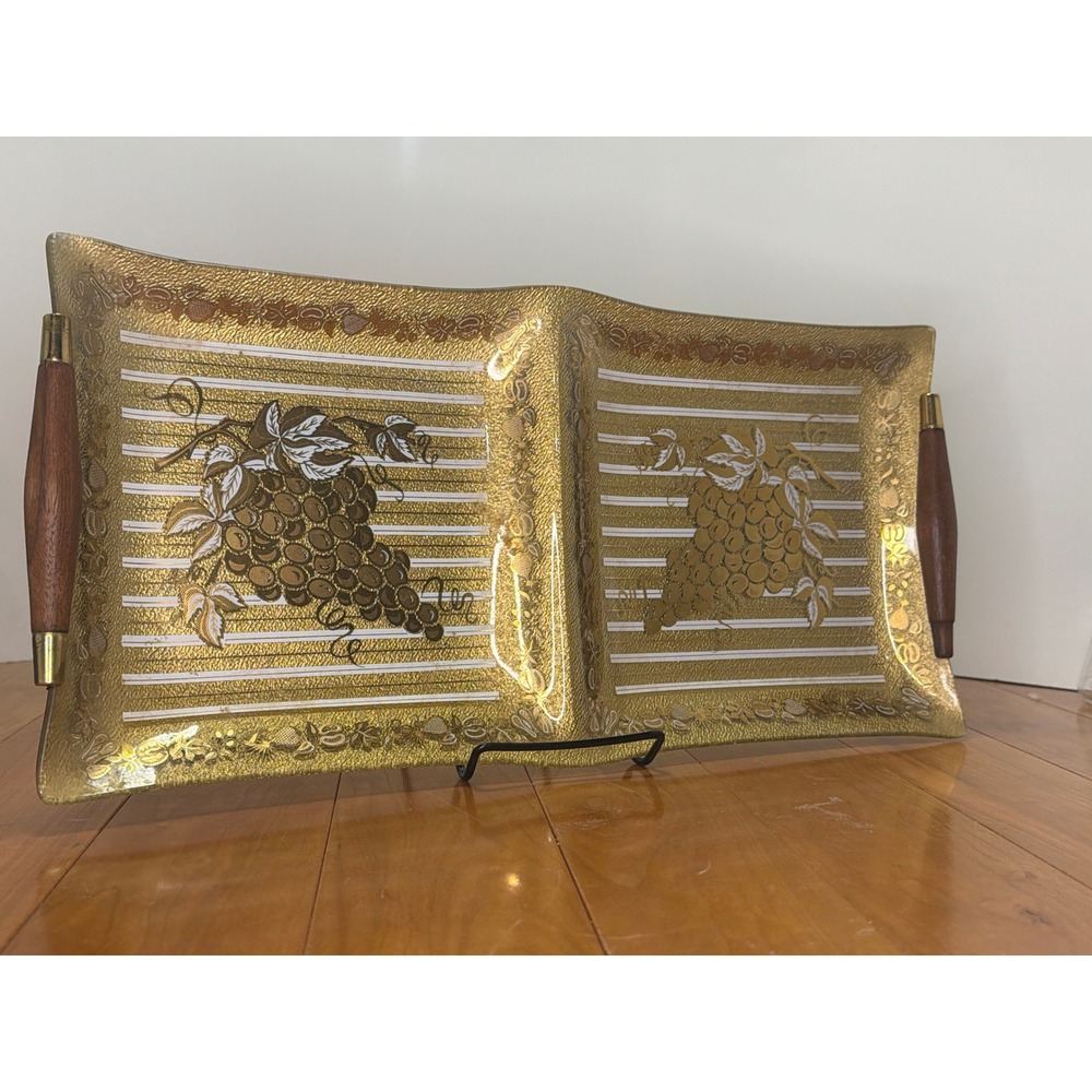 Vintage Marcel Guval Bent Glass Serving Tray | Gold Grape Motif Bar Tray